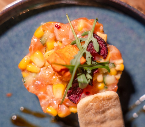 Kleurrijk lunchgerecht met tartaar en mango